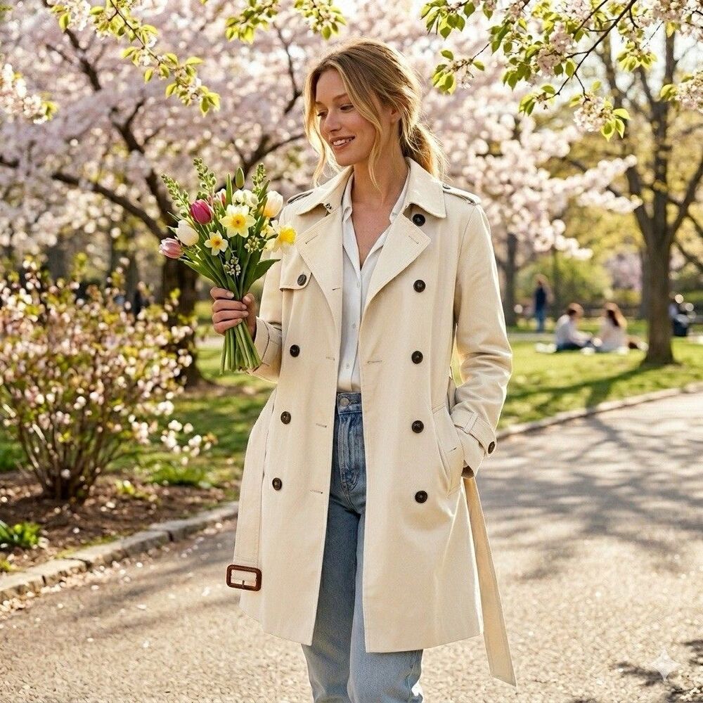 GAP Belted Cotton Trench Coat Womens L Beige Modern Career Casual Jacket NWT